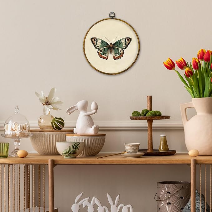 Mcehtle Vintage Butterfly Wall Art Decor, Moody Moth Cottagecore Framed Canvas Prints 10x10, Boho Sage Green Academia Insect Round Wall Hanging Artwork Decorations for Gallery Bedroom Living Room