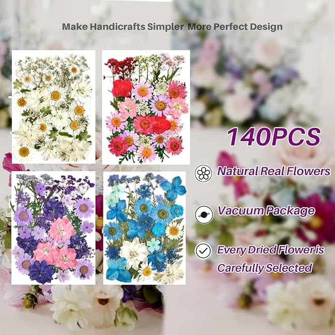 140Pcs Pressed Flowers for Resin Real Bulk Dried Flowers Dry Flowers Leaves for Resin Mold Scrapbooking DIY Art Crafts, Epoxy Resin Jewelry Molds, Candle, Soap Making (Colorful)