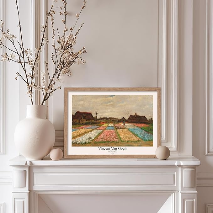 Monem Art Vintage Van Gogh Poster - Retro Bulb Fields Print - Flower Beds in Holland Art - Impressionism Art - Fine Art - Classic Painting Art - Great Bedroom Wall Decor - 11x14 Beige Framed