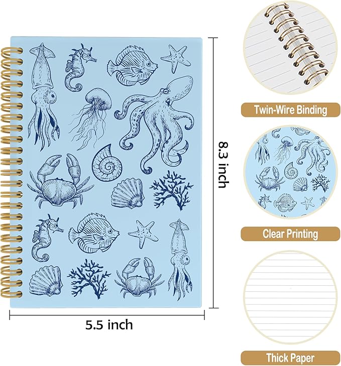 Blue Journal Notebook - Ocean Sea Life Coastal Themed Aesthetic Notebooks College Ruled for Office School Classroom, Gifts for Women Girls Kids, Hardcover Spiral Notebook 5.5"x8.3"