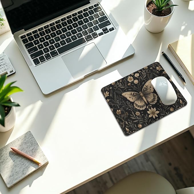Moody Floral Gothic Butterfly Mouse Pad, Dark Academia Cottagecore Botanical Moth Mouse Pads Mousepad for Home Office Dorm Computers Laptop, Gothic Office Supplies Desk Accessories, 9.5x7.9 Inch