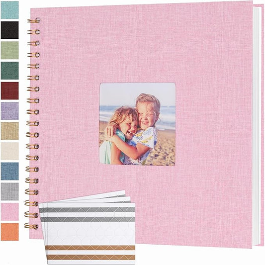 Scrapbook Photo Album 10x10 Inches 40 Pages Hardcover Kraft Paper Linen Cover Scrap Book Memory Book DIY Scrapbook Albums for Wedding Baby Boyfriend Travel Anniversary Family, Pink