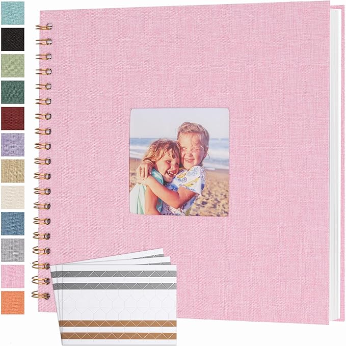 Scrapbook Photo Album 10x10 Inches 80 Pages Hardcover Kraft Paper Linen Cover Scrap Book Memory Book DIY Scrapbook Albums for Wedding Baby Boyfriend Travel Anniversary Family, Pink