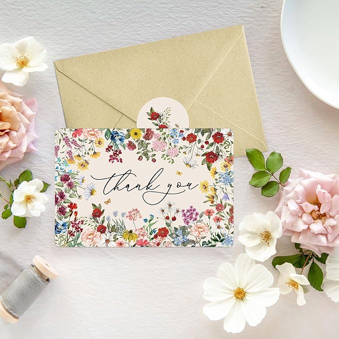 Artoid Mode 12 Pack Vintage Wildflowers Thank You Cards Flowers Leaves Greeting Cards Gift With Envelope Sticker Blank Note Cards for Birthday Wedding Baby Shower Bridal Shower, 4 x 6 Inch