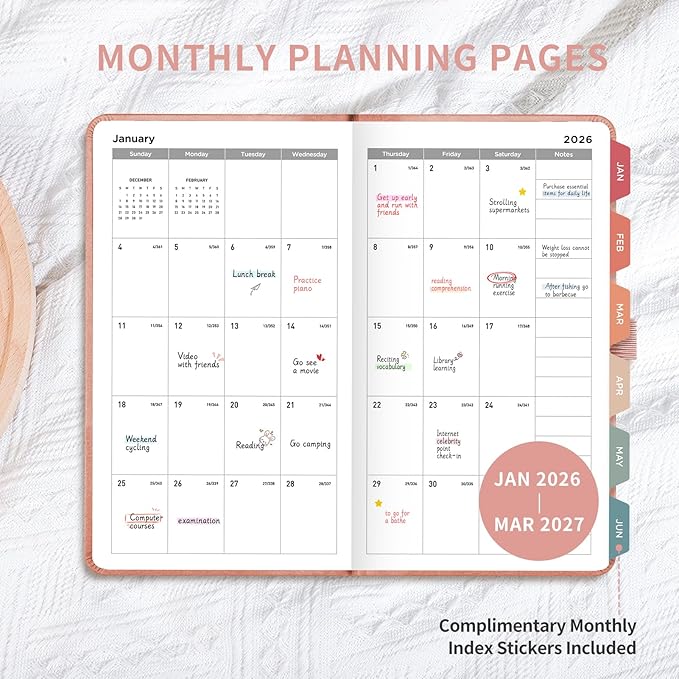 AHGXG Small Pocket Planner 2026-2027, Weekly and Monthly Calendar Planner, 15 Months, JAN 2026 - MAR 2027, Mini Size, Hardcover, Inside Pocket, For Women Men School Home Office Supplies, 3.9''X 6.7'' - Pink
