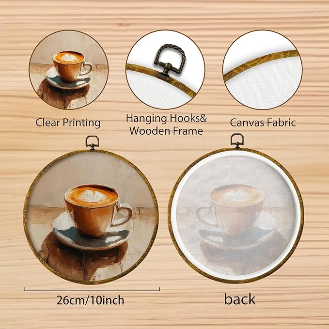 Hiuwevt Retro Coffee Round Wall Art Decor, Vintage Latte Framed Canvas Prints, Rustic Cottagecore Coffee Round Wall Hanging Decor for Home Kitchen Dining Room Decorations, 10x10 Inches