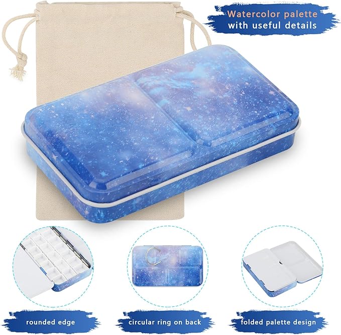 PEVART Watercolor Tin Palette, Metal Empty Paint Case with 50 PCS Empty Half Pans and a Water Color Pen Suitable for DIY Travel Watercolor Palette, Acrylic and Oil Painting