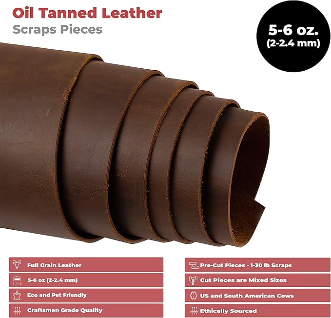 European Leather Work 5-6 oz. (2-2.4mm) Thickness Oil Tanned Scraps Size: 10 LB - Bourbon Brown Cowhide Full Grain Leather for Accessories, Jewelry, Crafting, DIY Projects