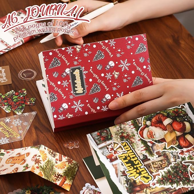 OKUPAN 157 Pcs Christmas Scrapbooking Supplies Kit - Vintage Junk Journaling Supplies, PET Stickers, Washi Tape for Bullet Journals, DIY Crafts, Planner Decor, and Holiday Gifts for Women & Adults