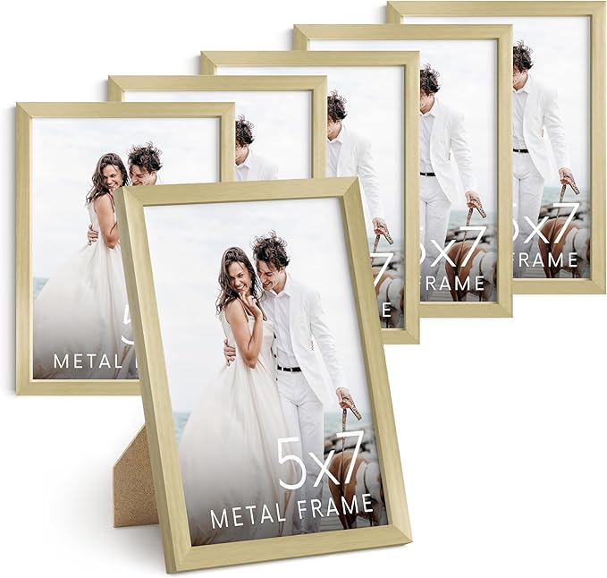 HAUS AND HUES 5x7 Gold Metal Picture Frames - Premium Aluminum with Vertical Hanging & Tabletop Display - Ideal for Home, Office (5x7 in, Gold, Set of 6)