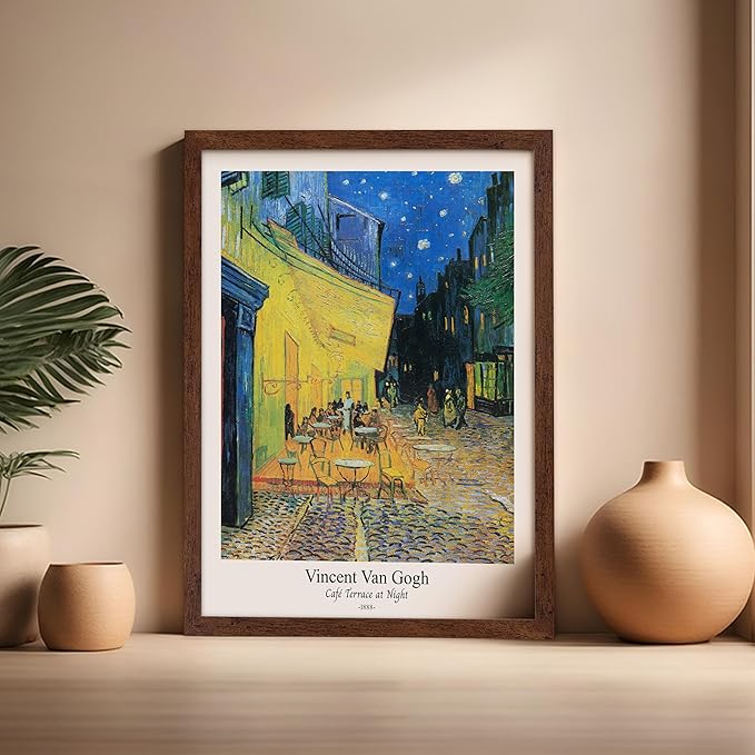 Monem Art Vintage Van Gogh Poster - Retro Cafe Terrace at Night Print - Impressionism Art - Fine Art - Classic Painting Art - Aesthetic Living Room or Bedroom Wall Decor - 16x20 Brown Framed