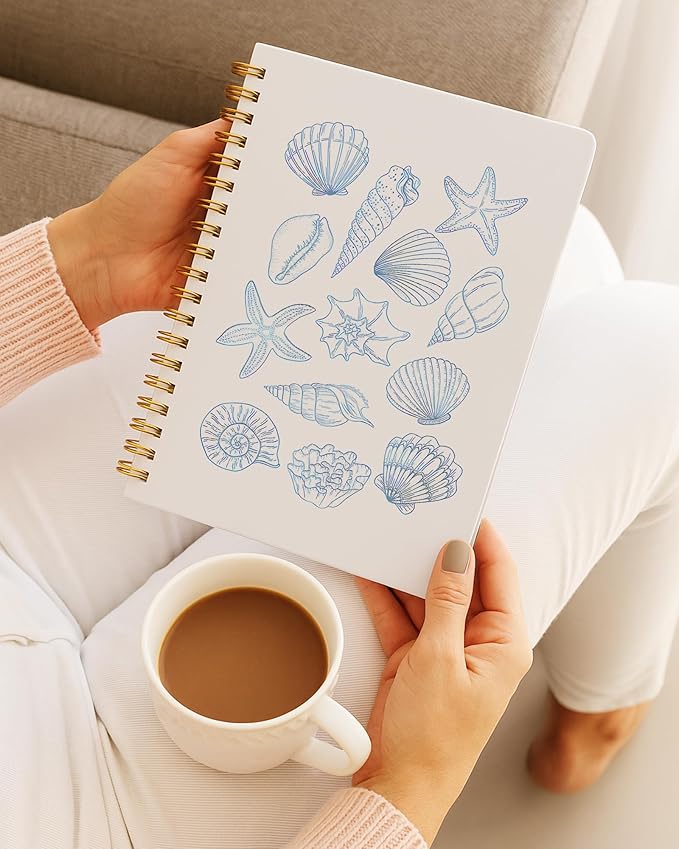 Blue Beach Notebook, Coastal Ocean Journal, Beachy Seashell Starfish Conch Journal for Writing, Beach Lover Gifts for Women, Marine Biology Spiral Notebook, 5.5x8.3 Inch 556