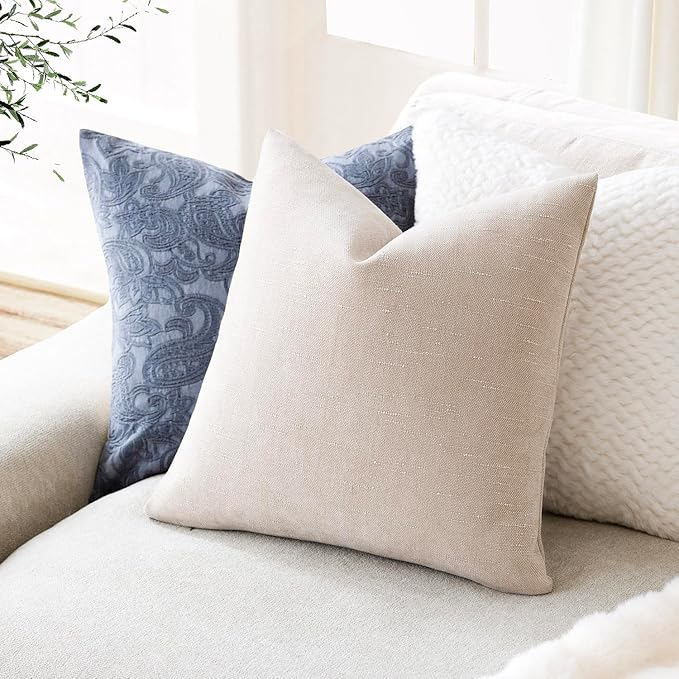 Foindtower Pack of 2 Soft Textured Throw Decorative Pillow Covers Square Accent Solid Cushion Cover Cozy Farmhouse Pillow Case with Zipper for Couch Sofa Bedroom Living Room 16x16 Inch, Light Beige