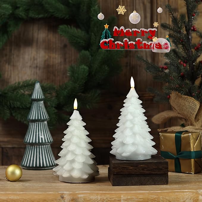 Flameless Candles with Remote Timer, 2 Pack Christmas Tree Candles Battery Operated LED Candles Real Wax Holiday Christmas Decoration for Bedroom Party Festival Gift White