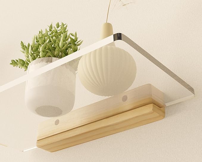 Acrylic Floating Shelves with Solid Wood Base, Wall Mounted Shelf for Plants, Perfume, Nail Polish, Bathroom, Bedroom & Living Room Décor