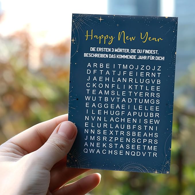 (5.3x8in) Happy New Year Word Search Card in German, Interactive Puzzle Greeting for Friends, Family, Coworkers, Fun Game Style Holiday Card, Unique New Year Activity Gift with Envelope (Xmas 40)
