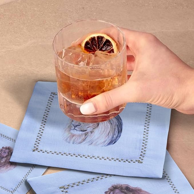 Cocktail Napkins Set of 6, 6x6 inch, 100% Linen, Printed Animal Pattern, Reusable & Washable Cloth Coasters for Beverages, Hosting, Gifting & Everyday Use (Lion)