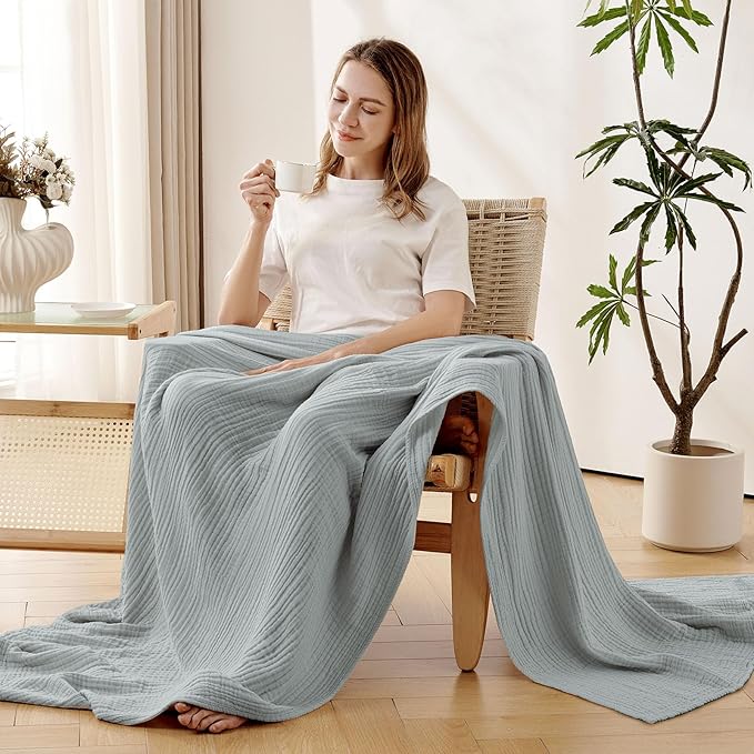 Joydeco 100% Cotton Muslin Throw Blanket for Couch Bed and Sofa, 4-Layer Lightweight and Breathable Soft Gauze Blanket for All Season, Luxury Throws Cotton Blanket Gift(Grey, 50"x70")