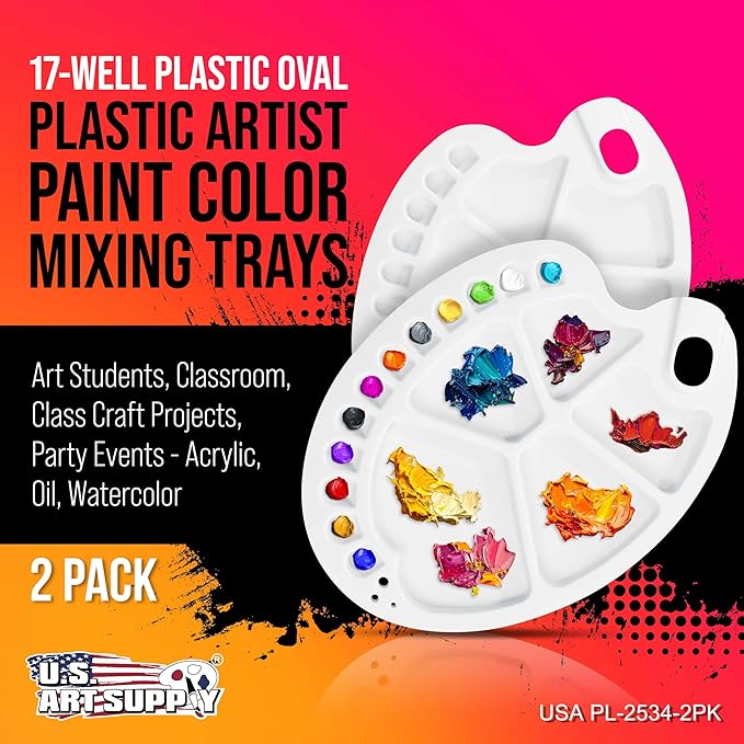 U.S. Art Supply 17-Well Artist Painting Palette (Pack of 2) - Plastic Artist Paint Color Mixing Trays - Art Students, Classroom, Class Craft Projects, Party Events - Acrylic, Oil, Watercolor