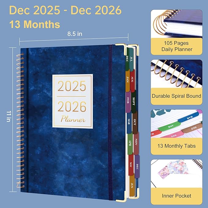Yoment 2026 Planner Weekly and Monthly 8.5"x11" Large Hardcover Planner from Dec 2025 - Dec 2026 13 Months Calendar Academic Planners for Women Men Agenda Daily Weekly Yearly Planning with Tabs, Sky