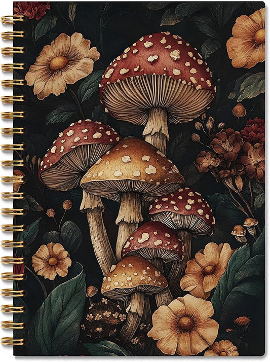Vintage Floral Mushroom Notebook, Dark Cottagecore Wildflower Botanical Nature Journaling, Mushroom Lover Gifts for Women Spiral Notebook Journal, 5.5x8.3 Inch