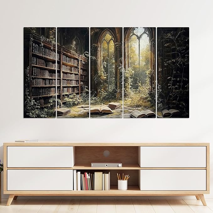 RileyCraftley Fantasy Library Canvas Wall Art Magical Book Room Print Vintage Bookshelf Painting Enchanted Library Decor