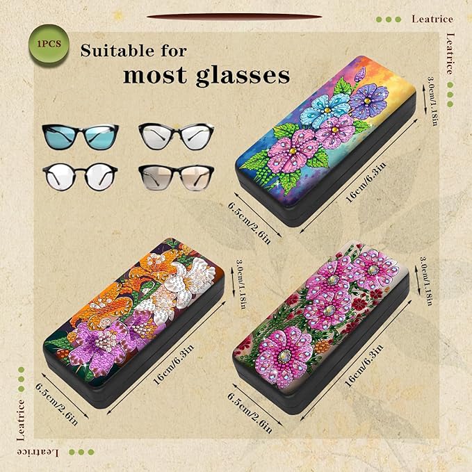 Leatrice 3pcs 5d Diamond Art Kits for Adults Small Diamond Painting Kit Eyeglass Case Hard Shell Gem Art Paint by Diamonds Dots DIY for Beginner Women