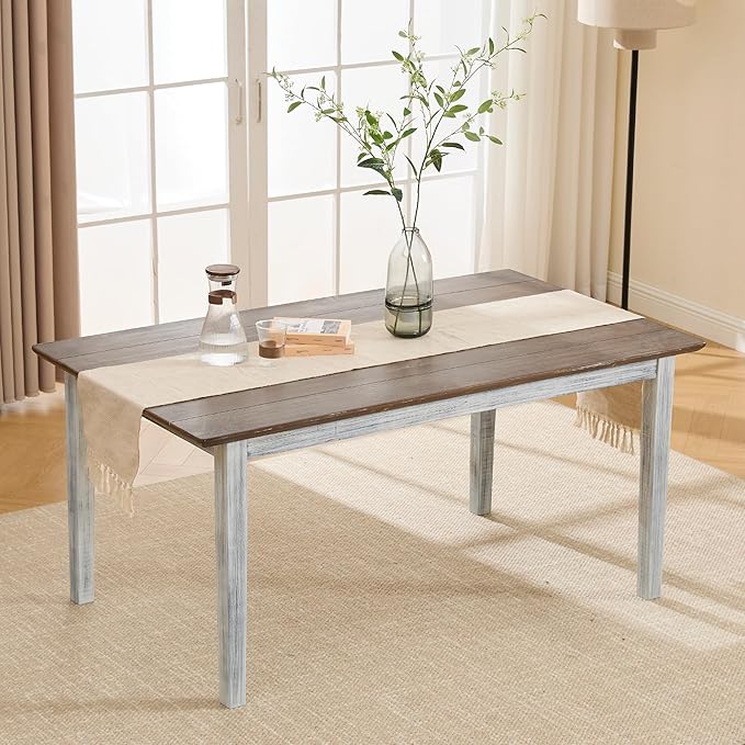 LZAREAL Farmhouse Dining Table for 4 6 Antiqued Solid Wood Dining Room Table Rectangular Color Blocking Kitchen Table for Dining Room Kitchen Restaurant, White and Walnut