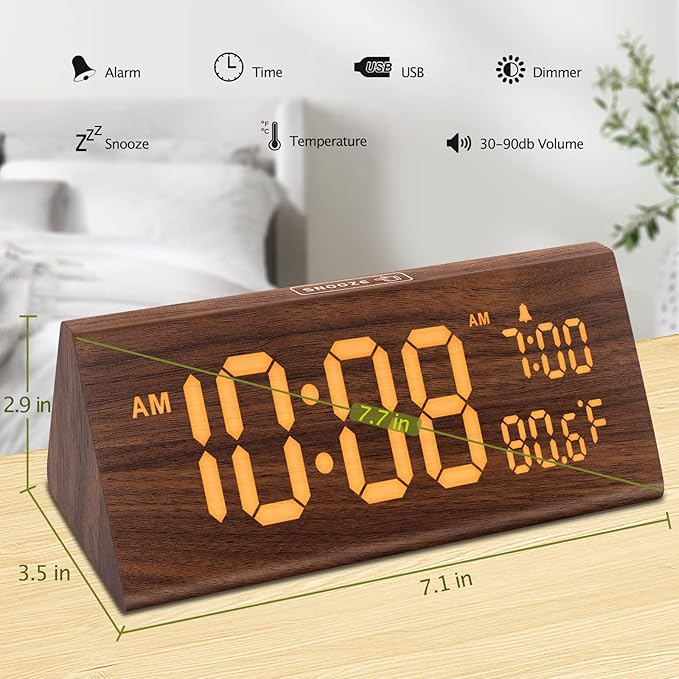 DreamSky Wooden Digital Alarm Clock for Bedroom - 7.7" Electric Clocks with USB Port, Large Numbers, Temperature, 0-100% Brightness Dimmer, Adjustable Alarm Volume, Snooze, 12/24H