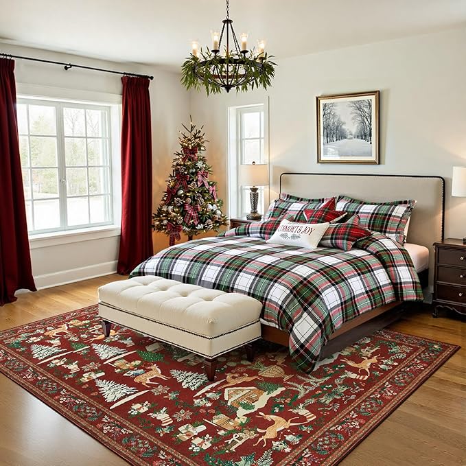 jinchan Christmas Rug 8x10 for Living Room Bedroom Maroon Holiday Decorative Rug for Dining Room Christmas Tree and Cabin Printed Large Xmas Decor Indoor Washable Non Slip Floor Carpet