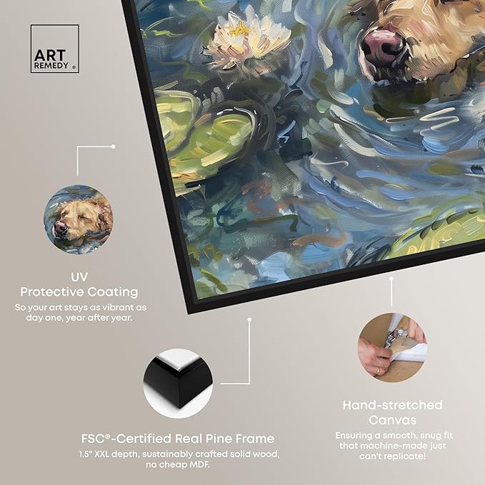 Art Remedy Monet Water Lilies Dog Rustic Chic Farmhouse Canvas Wall Art, Black Floater Frame, 36"x30"