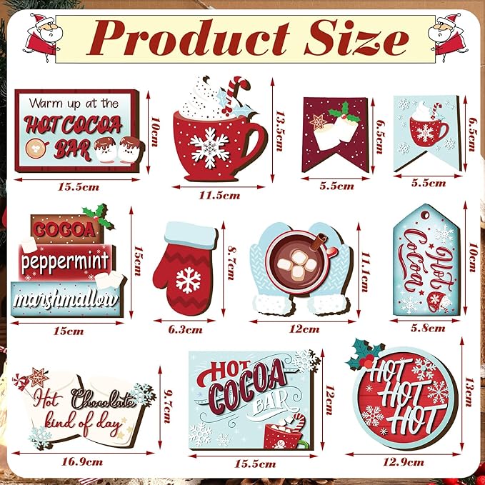 Kajaia 15 Pcs Christmas Tiered Tray Decor Winter Tiered Tray Decorations Set Snowman Snowflake Gingerbread Man Hot Cocoa Wooden Signs Farmhouse Christmas Table Decorations(Hot Cocoa)