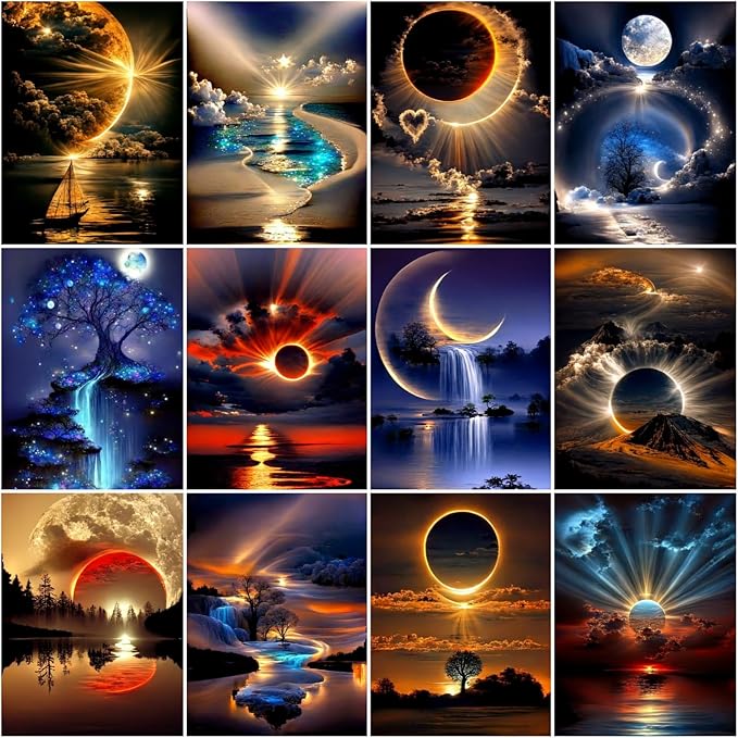 12 Pack Diamond Art Kits for Adults, Sunset Landscape 5D Diamond Painting for Adult Beginners,DIY Full Drill Round Gem Painting Dot Art Sets,Home Wall Decor 9.8x13.8 Inch