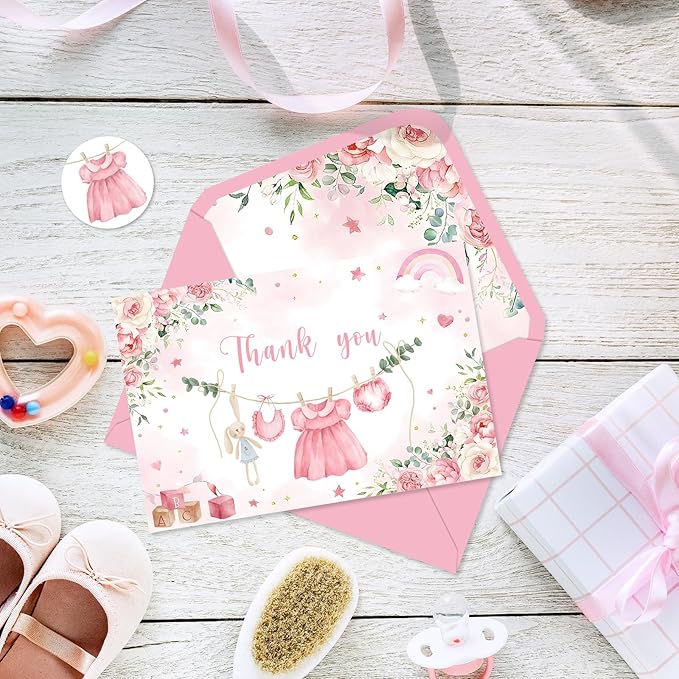 24 Pack Baby Shower Thank You Cards Pink Baby Cloth Floral Greeting Cards with Envelopes Stickers Blank Note Cards for Girl Birthday Baby Shower, 4 x 6 Inch