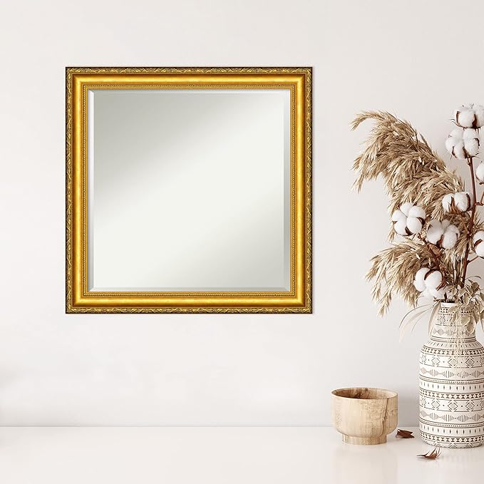 Amanti Art Gold Wall Mirror 24x24 Colonial Embossed Gold Square Bathroom Mirror for Wall Decor Living Room, Medium Traditional Wood Frame, Hangs Horizonally and Vertically, Bathroom Decor, Beveled
