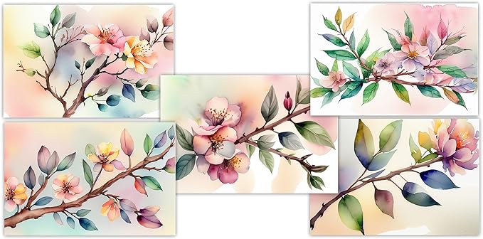 Vintage Watercolor Flowers Greeting Cards - Set of 10 All Occasion 5 x 7 Note Cards with Envelopes. Blank Inside. Botanical Floral Designs of Flowers, Leaves and Branches Inspired by Nature.