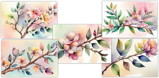 Vintage Watercolor Flowers Greeting Cards - Set of 10 All Occasion 5 x 7 Note Cards with Envelopes. Blank Inside. Botanical Floral Designs of Flowers, Leaves and Branches Inspired by Nature.