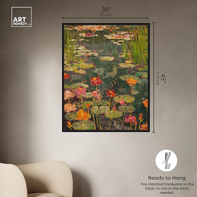 Art Remedy Afternoon Visit Framed Impressionism 1 Piece Canvas Wall Art/Monet And Van Gogh Inspired Art, 37" x 46", Black Frame