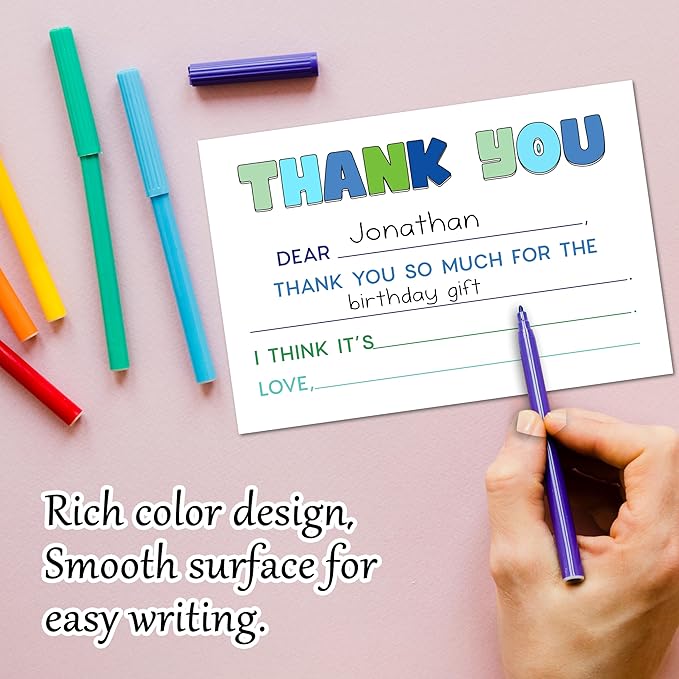 Blue Kids Thank You Cards, Minimalist Thank You Card For Baby Shower Birthday Party, Kids Birthday Cards Fill In The Blank, 20 Pack Cute Greeting Cards With Envelopes For Boys And Girls, 009