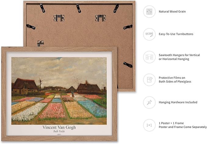 Monem Art Vintage Van Gogh Poster - Retro Bulb Fields Print - Flower Beds in Holland Art - Impressionism Art - Fine Art - Classic Painting Art - Great Bedroom Wall Decor - 8x10 Beige Framed