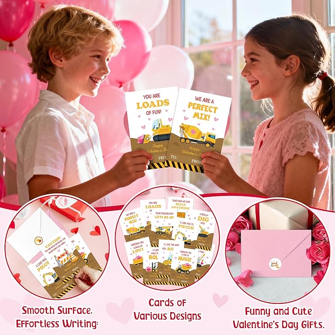 TICIAGA 72pcs Valentine’s Day Construction Truck Greeting Cards with Envelop and Sticker for Kid, 4 x 6 IN Excavator Notecard Exchange Gift for Boy Girl School Classroom Supply, Valentines Party Favor