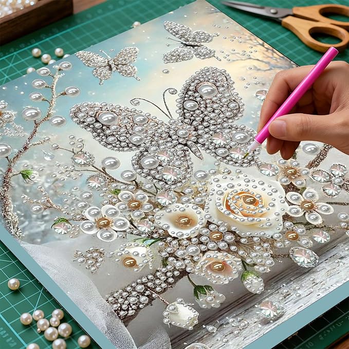 DIY Pearl Painting Kit with Wooden Frame, 3D Plastic Pearl Gemstone Ocean Art Craft for Adults Beginners, Diamond Art Kits for Adults, Home Wall Decor Ready Gift for Women(Butterfly Garden)(30*30cm)
