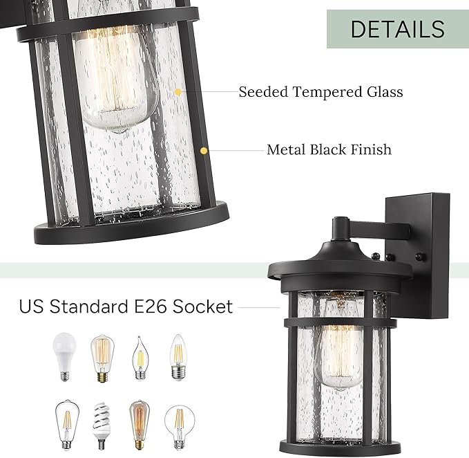 Casia Outdoor Wall Sconces, Exterior Wall Lantern, Farmhouse Porch Lighting Fixture, Front Door Mounted Lights, Outside Lighting Lamp for Patio, Porch, Garden,Balcony (Black, 12" H)
