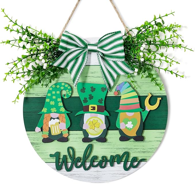 St Patricks Day Decorations: Irish Decor for Front Door Green Welcome Sign Gnomes Wall Hanging Saint Patrick's Day Wreath