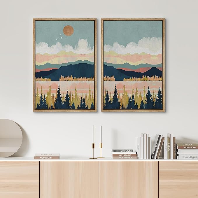 SIGNWIN Framed Canvas Print Wall Art Set Pastel Pink Blue Geometric Mountain Landscape Nature Wilderness Illustrations Scenic Colorful for Living Room, Bedroom, Office - 16"x24"x2 Natural