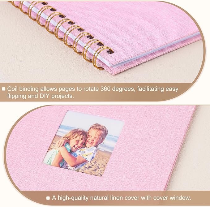 Scrapbook Photo Album 8x8 Inches 40 Pages Hardcover Kraft Paper Linen Cover Scrap Book Memory Book DIY Scrapbook Albums for Wedding Baby Boyfriend Travel Anniversary Family, Pink