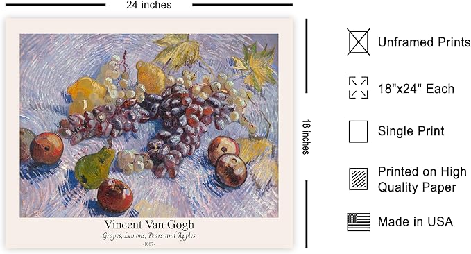 Monem Art Vintage Van Gogh Poster - Retro Grapes Lemons Pears and Apples Print - Impressionism Art - Fruit Art - Fine Art - Classic Painting Art - Great Kitchen Decor - 18x24 UNFRAMED Wall Art