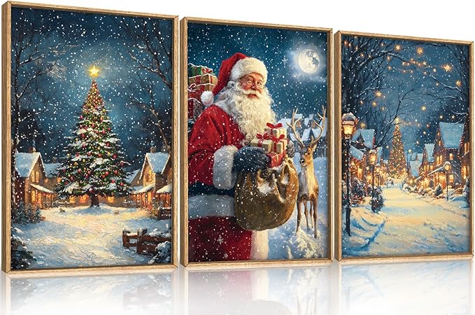 KAIRNE Christmas Wall Art Set of 3, Santa Claus & Reindeer Artwork, Nostalgic Xmas Tree, Winter Village Scene Prints, Festive Holiday Decor for Living Room Bedroom Fireplace, 16×24 inch