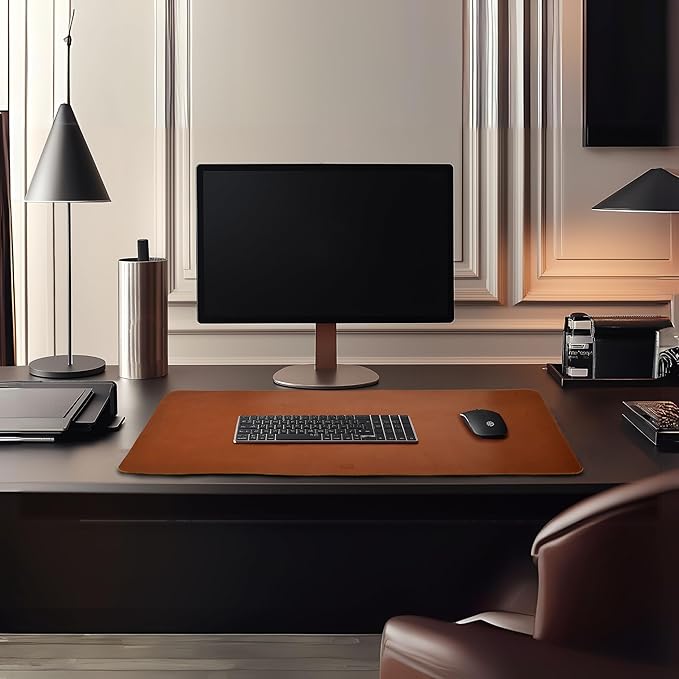 LEATHER VILLAGE Real Leather Desk Pad (3mm) Thick Double Layer Desk Mat Cover Blotter Large Full Grain Protector for Keyboard, Mouse & Laptop – Office Table Mat & Desktop Accessories–(32''x16'')-Tan