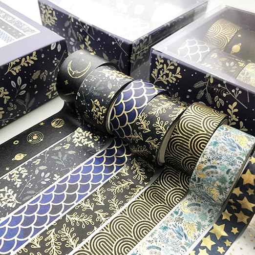 YUBX Creative Washi Tape Set 10 Rolls Gold Foil Print Decorative Masking Tapes for Arts, DIY Crafts, Journals, Planners, Scrapbook, Wrapping (Black Mashup)